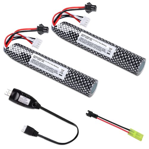 VICMILE 2PACK Airsoft Battery 11.1V 2000mAh SM2P Plug with 11.1V USB Charger and SM2P to Mini Tamiya Conversion Cable Compatible with Most Airsoft Model Guns Gel Water Bead Blaster