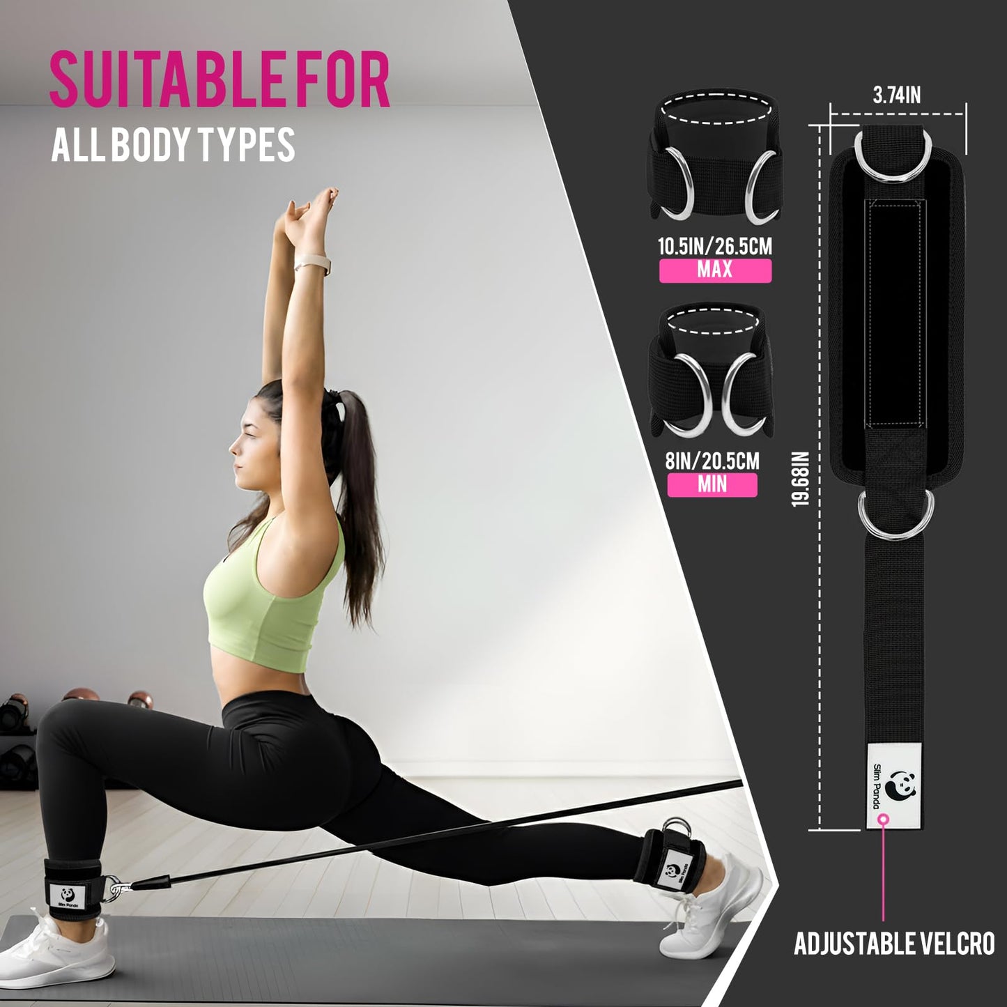 Slim Panda Ankle Strap for Cable Machine,Ankle Cuff for Kickbacks, Booty Hip Abductors,Glute Workouts, Leg Extensions, Curls for Men and Women, Adjustable with Double D-Rings (Single, Black)