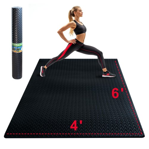 4ft x 6ft x 10mm Large Double-Sided Workout Mats for Home Gym - Non-Slip Foam Exercise Mat, Reversible Textured/Smooth Flooring for Yoga & Garage Use (black, 4 x 6 x 10)