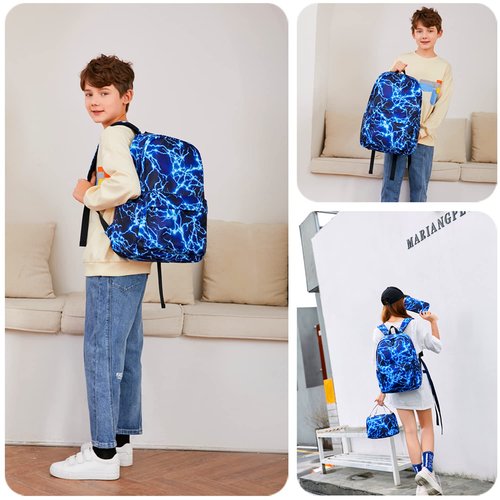 Boy School Backpack Elementary Middle Lightning Bookbag Laptop Teenager Waterproof Lightweight 17 Inches (1-Blue)