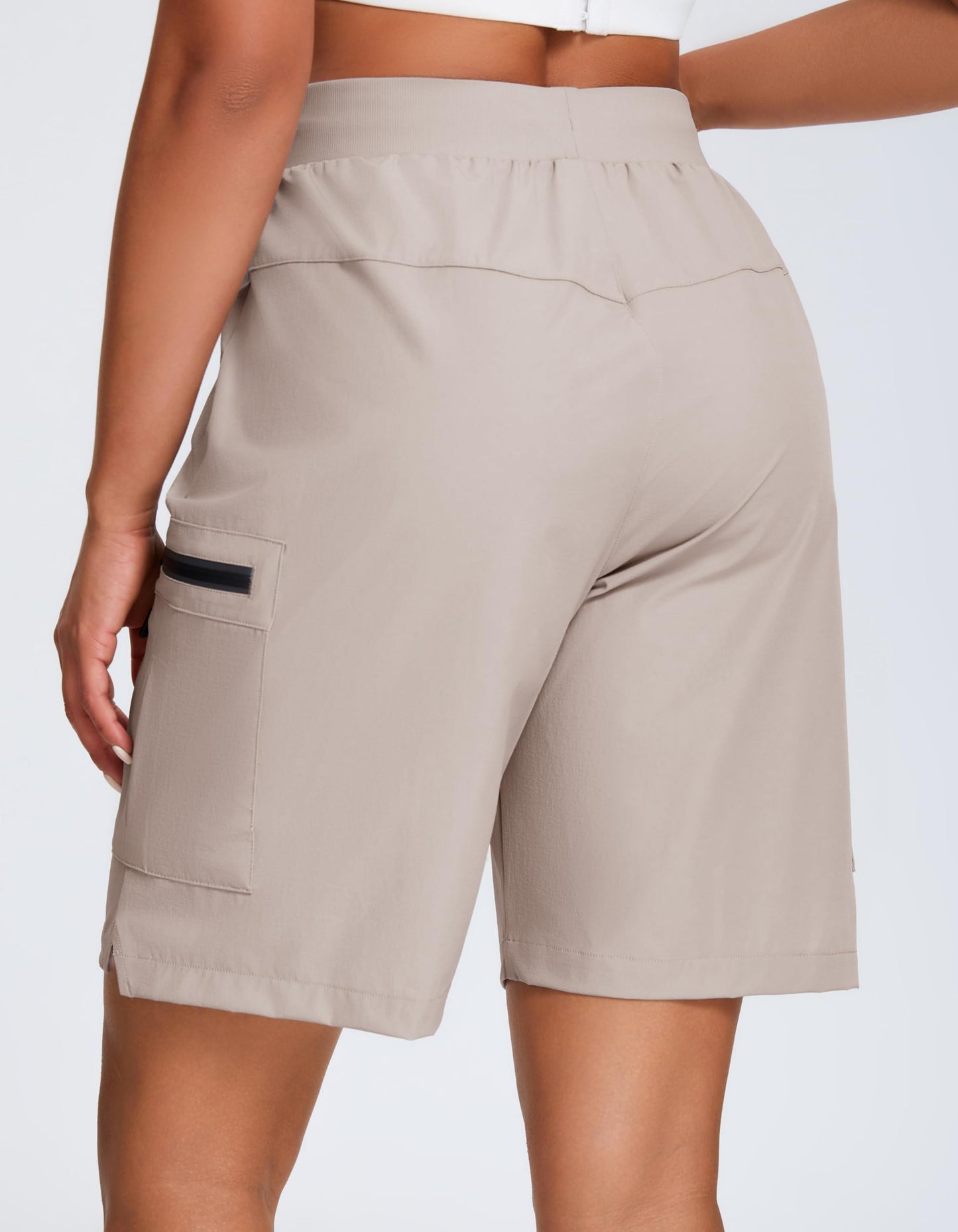 Oalka Women's Hiking Cargo Shorts Lightweight Zipper Pockets Khaki XL