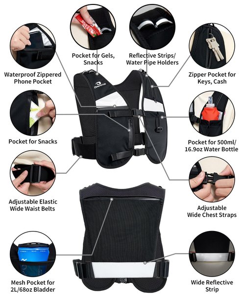 Owntop Running Hydration Vest Backpack for Women Men with Phone Holder 6 Pockets, for 2L Water Bladder 500ml Bottle, Reflective Lightweight Adjustable Pack for Hiking Trail Marathon Race Cycling Black
