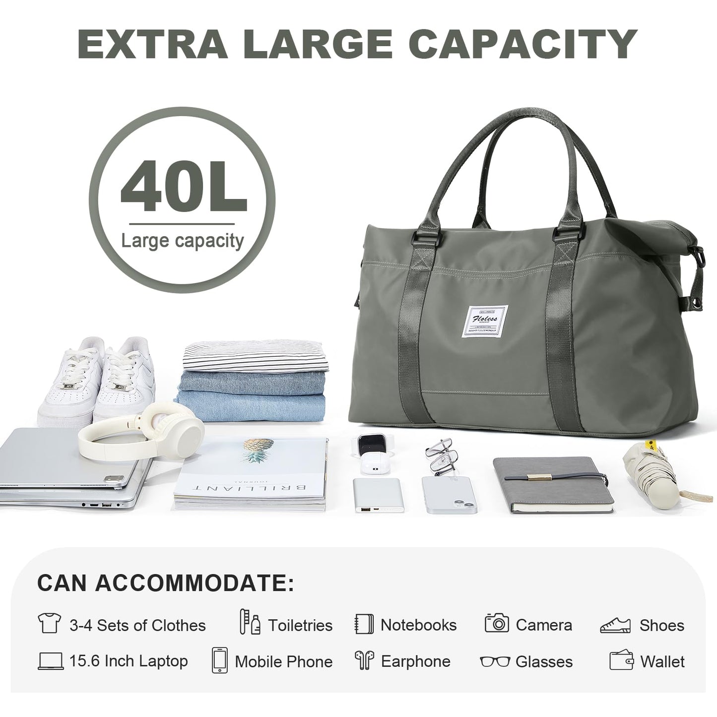 Travel Duffel Bag,Weekender Overnight Bag for Women,Carry-on Bag with Wet Pocket,Gym Bag,Extra Large,Olive Green