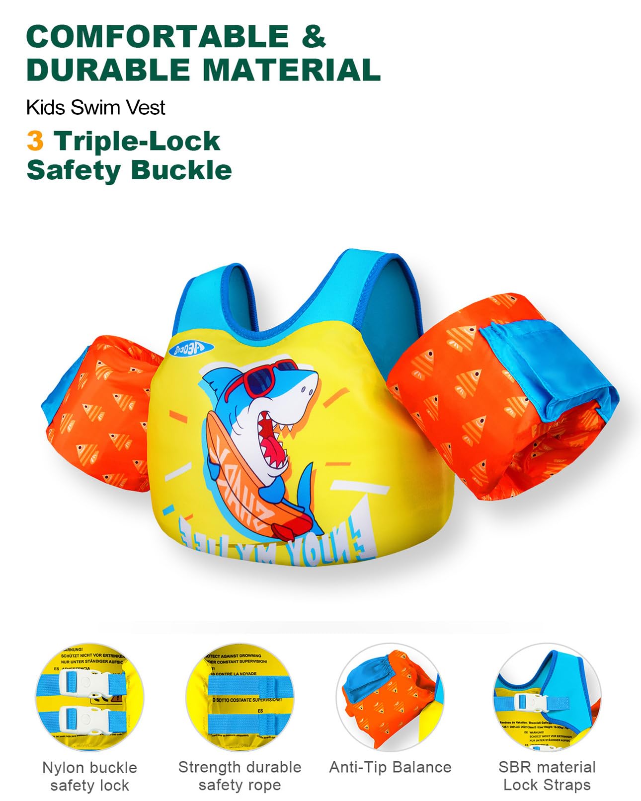 AEOCOO Puddle Float Jumper 20-30 Pounds, Toddler Swim Vest for 1-2 Years Old, Pool Floats with Swimming Arm Floaties Swim Jacket with Water Wings for Kids Swimmies, Boys, Girls, Niños, Shark