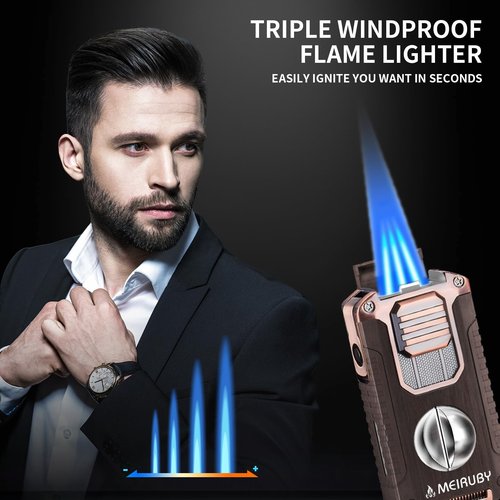 MEIRUBY 5-in-1 Butane Torch Lighter, Refillable Jet Flame Lighter with V-Cutter, Punch, Holder and Draw Tool, Multi-Functional Accessories Gift for Men, Dad, Husband, Friend