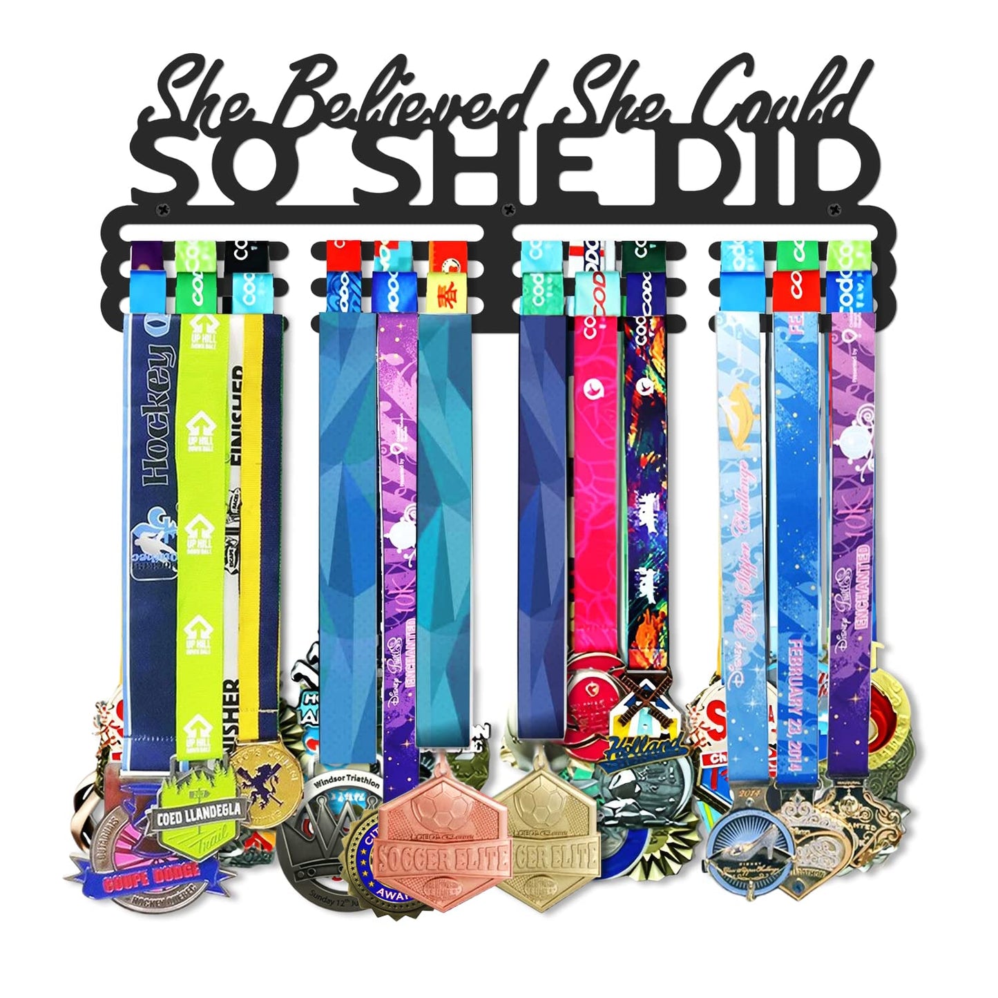 Medal Holder Display Hanger Rack Storage Steel Wall Mounted Fame Black Metal Sports Marathon Running Soccer Gymnastics Large-capacity Over 60 Medals Sturdy Wall Decor Motivational Slogan Race Medals