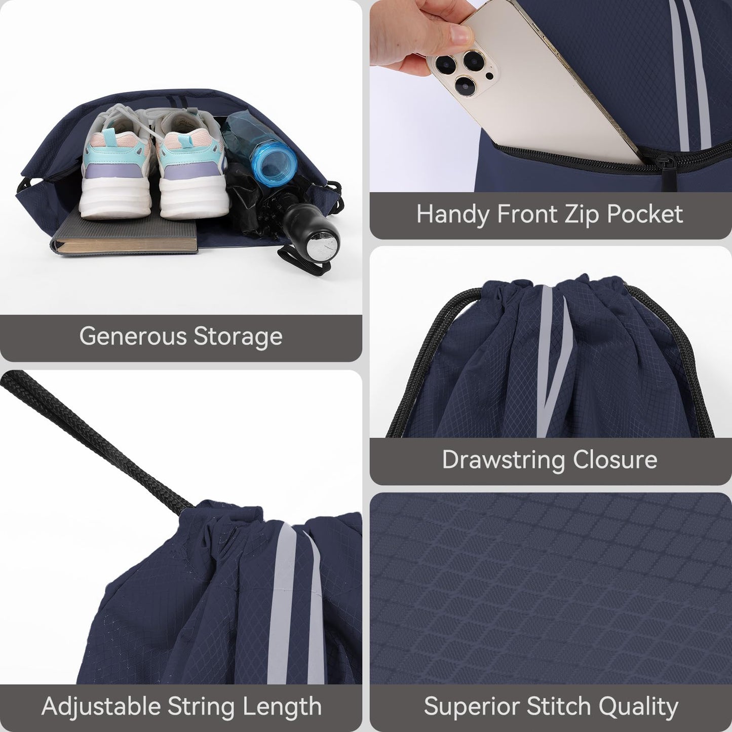 JOYNYON Drawstring Backpack Large Sports Draw String Bag for Men and Women (Navy Blue)
