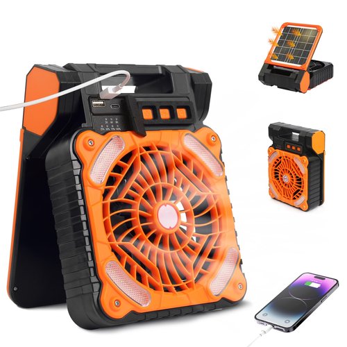 XGRTHREEH Camping Fan Rechargeable Battery Solar Fan for Outside Home with LED Lantern Solar Powered Fan Portable, Timer,4 Speeds, 90° Adjustable Solar Panel Fan 36H Run Time Max USB Charging Outdoor