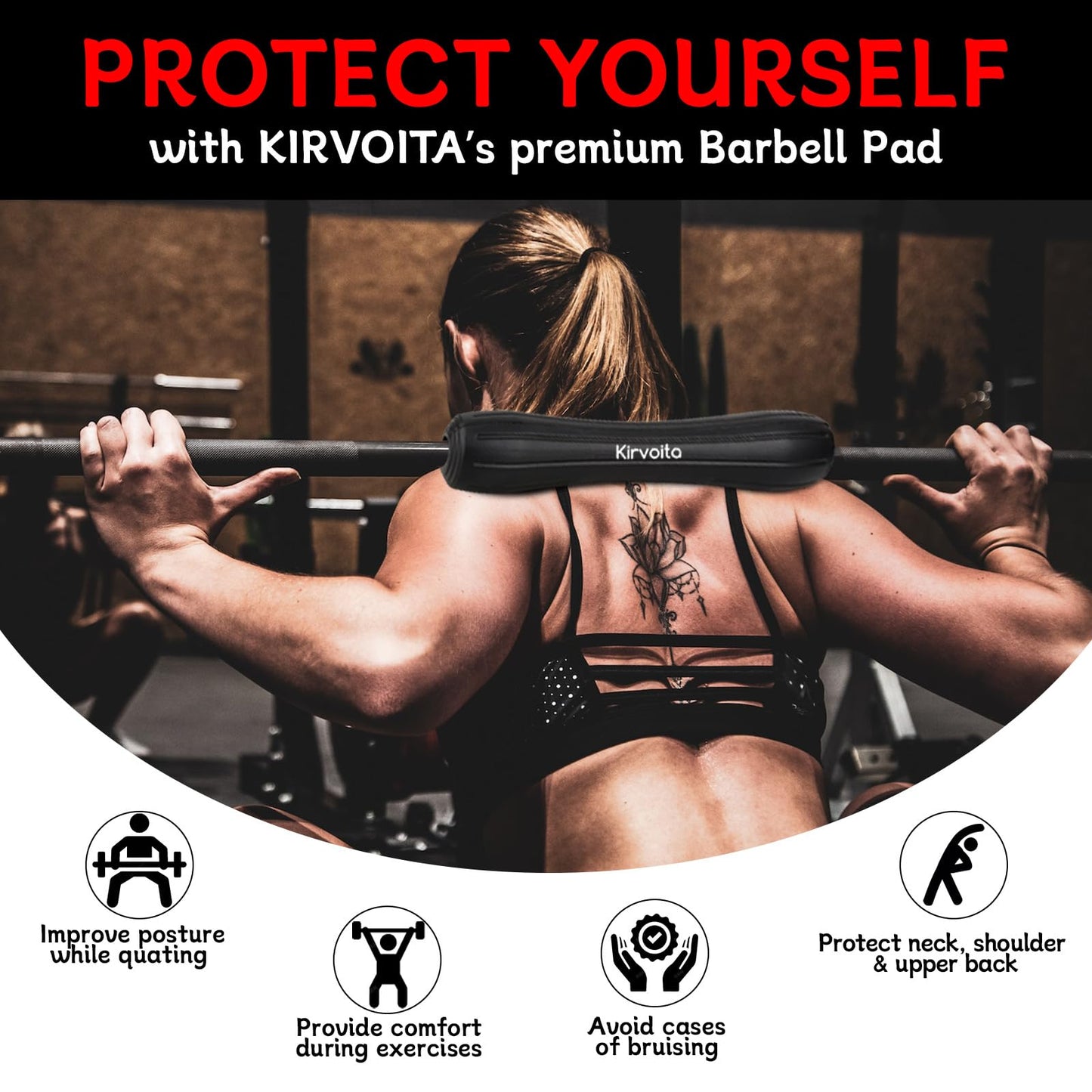 KIRVOITA Rubber Barbell Pad, Squat Pad, Hip Thrust Pad, Easy to Install, No Straps Needed, for Both Heavy Weights & Lower Weights (15.5 * 3.5 * 3.5 in, Black)
