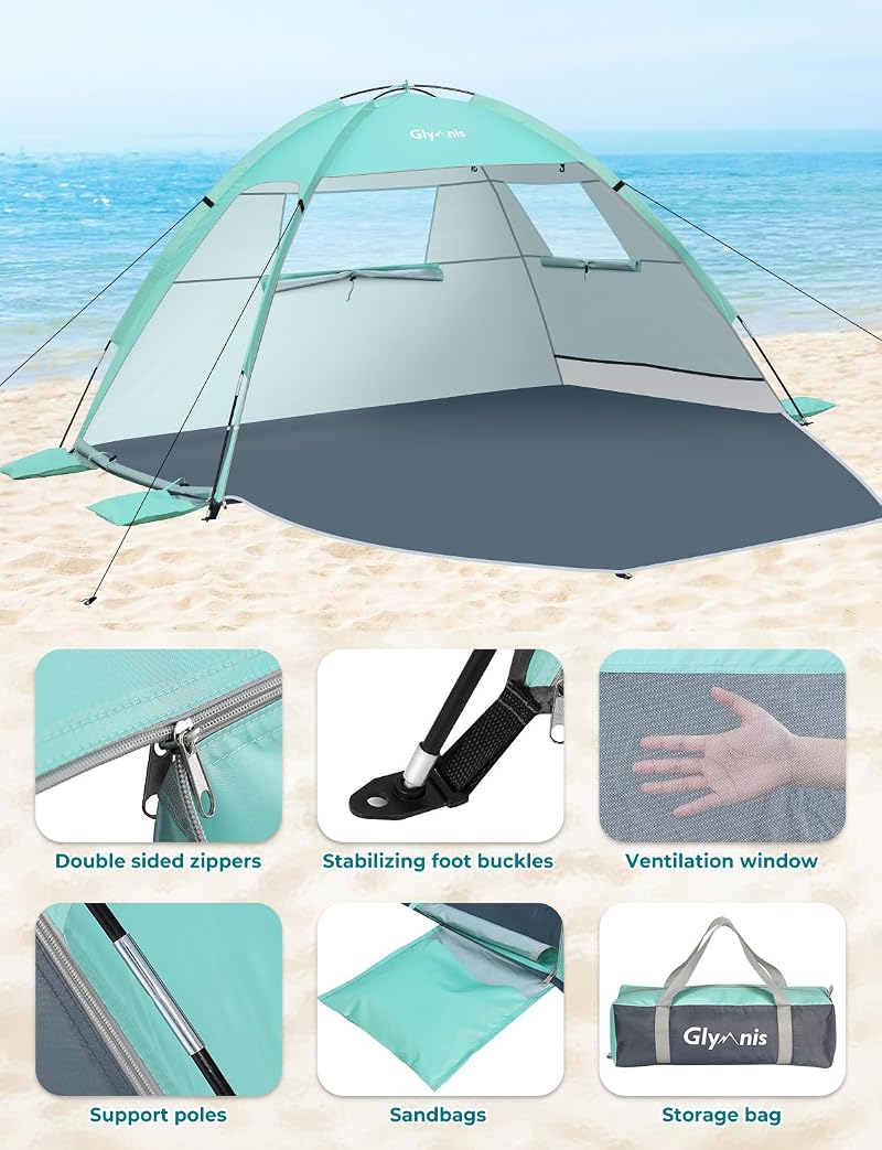 Glymnis 3 Person Beach Tent Sun Shelter UPF 50+ Easy Setup Green Variation: Green+3 Person