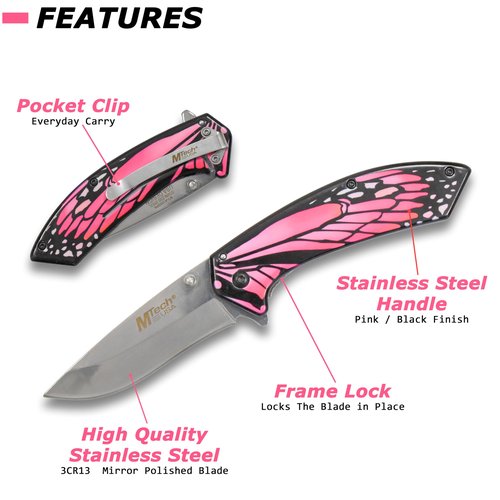 MTECH USA – Spring Assisted Folding Knife – Mirror Polished Blade, Stainless Steel Handle w/Pink Butterfly Design, Pocket Clip, Hunting, Camping, Survival, Tactical, EDC – MT-A1005PK