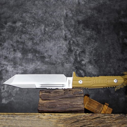 LENGREN Tactical Fixed Blade Knife, 11.8 inch, Full Tang Tanto Blade with G10 Handle and Kydex Sheath (Khaki handle white blade)