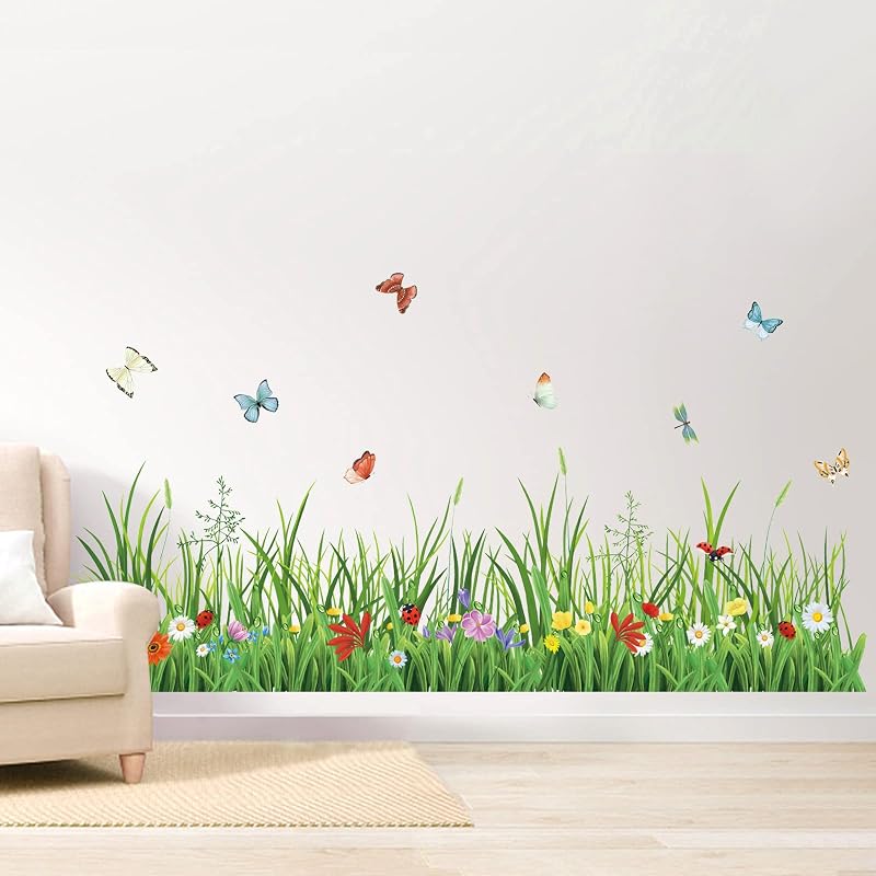 Wondever Green Grass Wall Decals with Flowers & Butterflies - 2 Sheets, 132cm x 54cm