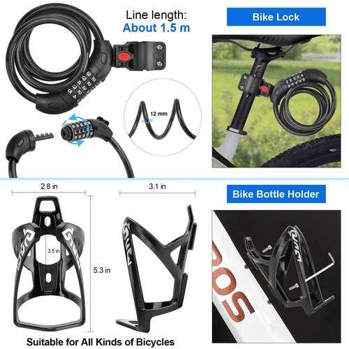 SODPE 8 Pack Bicycle Accessories, Bike Light Set USB Rechargeable, 1 Bike Water Bottle Holder, Bicycle Bag and 1 Bike Aluminum Bicycle Bell,Pump