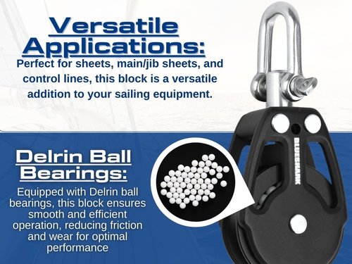 Blue Shark 2250-38mm Single Swivel Block - Max Line: 3/8” (10 mm), Safe Working Load (SWL): 900 lbs, Breaking Load: 2200 lbs (1-Pack)