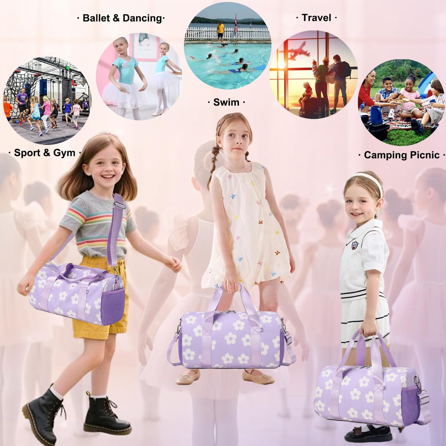 Dance Ballet Bag for Girls Purple Corduroy Dance Bag for Girls 4-6 Toddler Small Duffle Ballerina Bags with Waterproof Dry Wet Separated Compartment