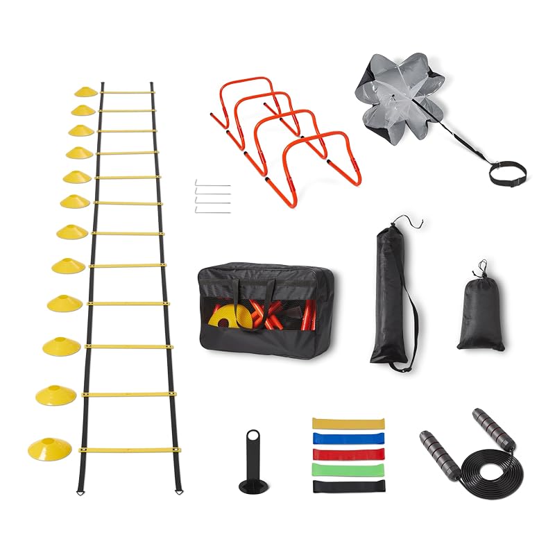 Agility Ladder Training Kit - 20ft Ladder, 4 Hurdles, 12 Cones, Parachute, Jump Rope, 5 Resistance Bands