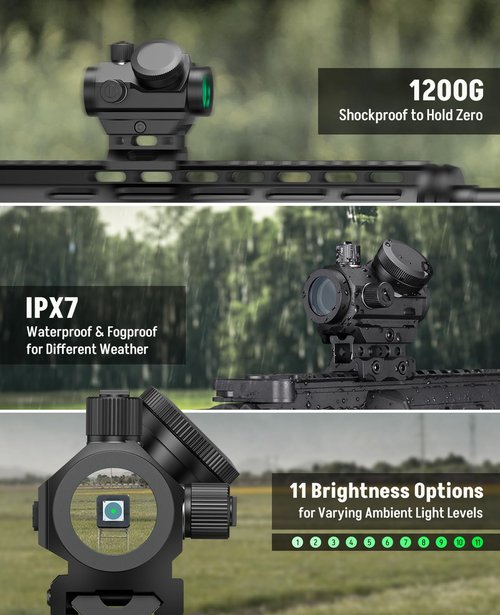 MidTen Rechargeable Green Dot Sight with Motion Awake 3 MOA Dot Compact Scope, 1x21mm Optics with Lower 1/3 Co-Witness Riser & Low-Profile for 20mm Pica tinny Mount, IPX7 Waterproof & Fogproof