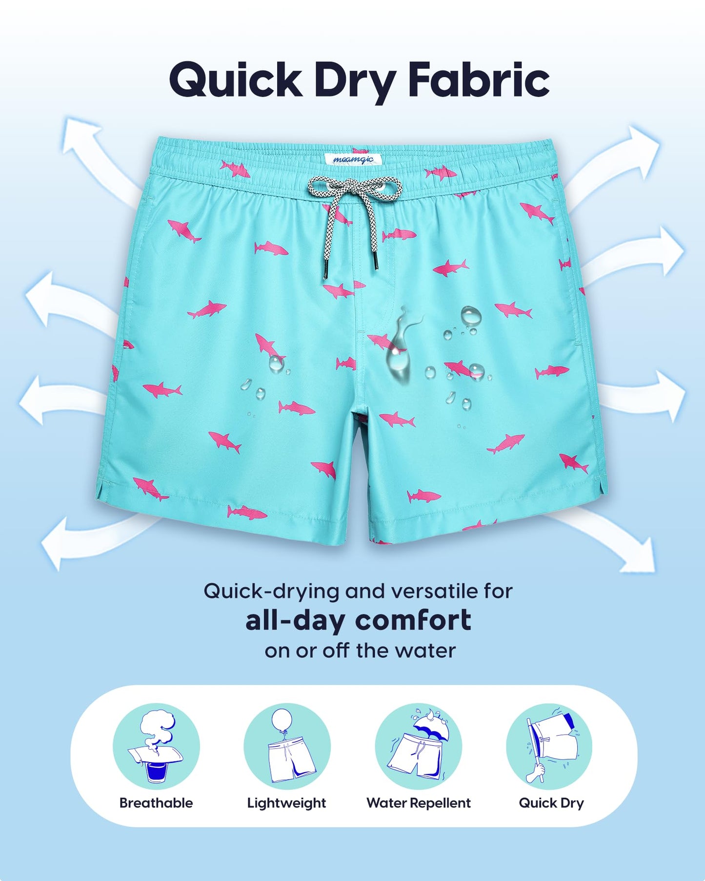 maamgic Mens Swim Trunks 5 Inch with Mesh Lining, Quick Dry Mens Bathing Suit, Swim Shorts for Swimming and Beach, Large