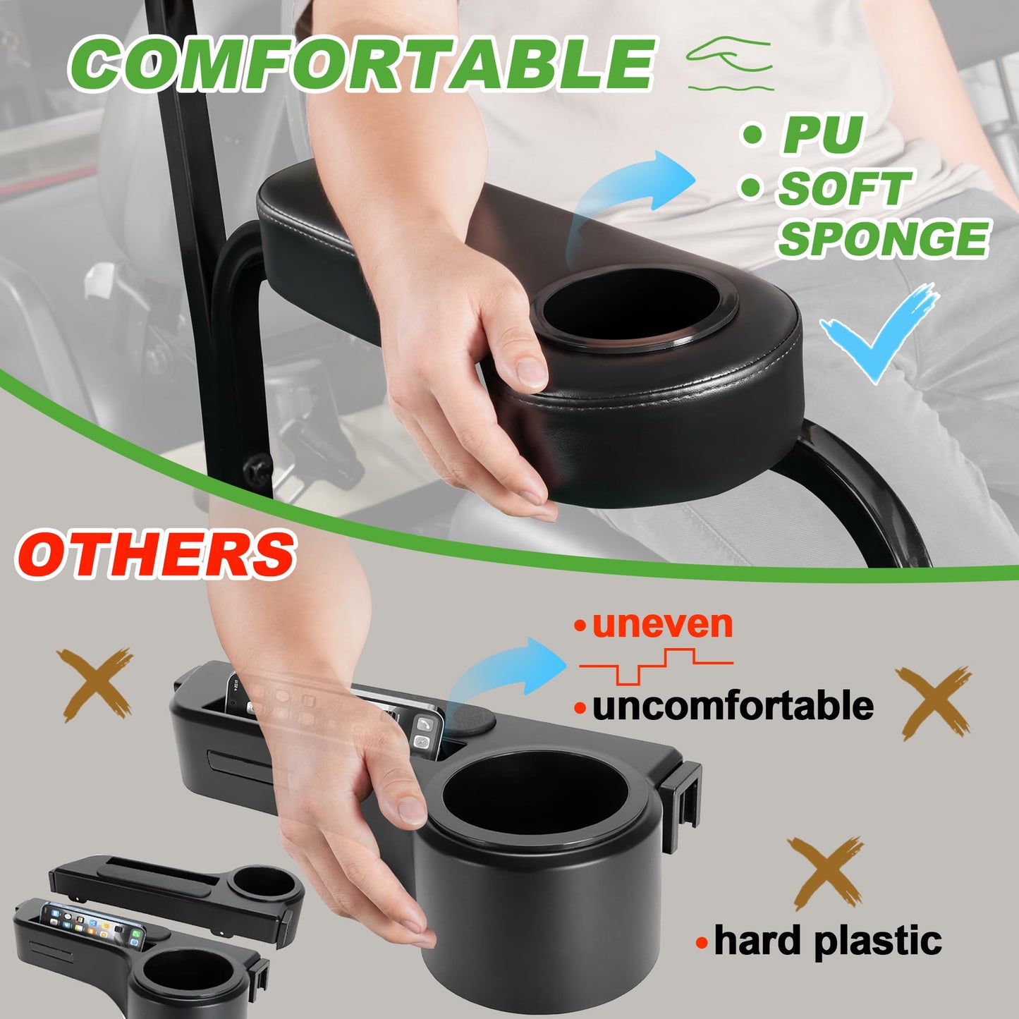 10L0L Golf Cart Rear Seat Kit Arm Rest Set with Cup Holder EzGo Yamaha Drilling Required or Drilling No Required Kits Include - Black