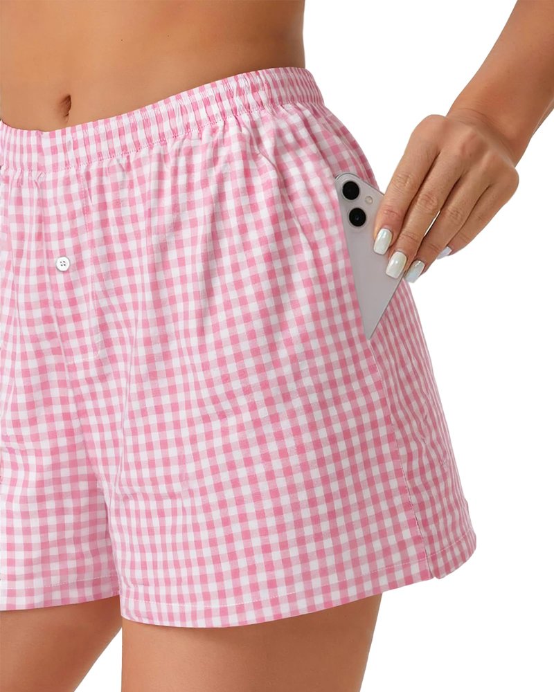 Boxer Shorts for Women Summer Gingham Pajama Casual Plaid Shorts Y2K Beach Bottoms with Pocket(Pink, M)