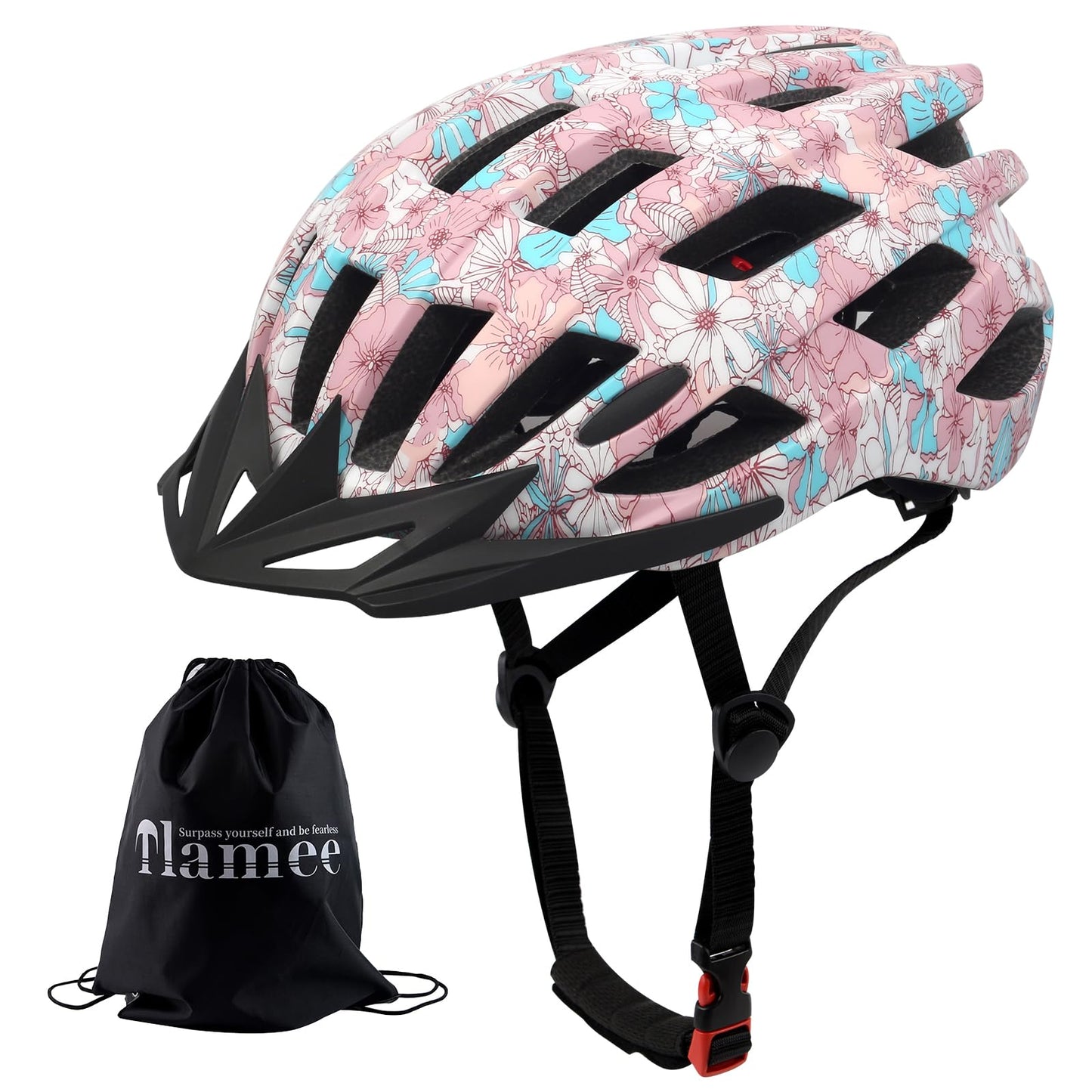 Adult Bike Helmets, Adjustable Mens Womens Bicycle Helmet, Lightweight Road Mountain Cycling Safety Sports Helmets with Detachable Visor Pink Flower L