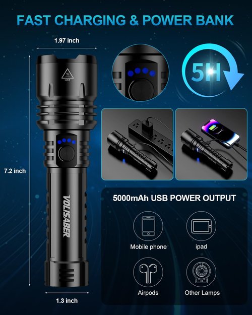 VOLISABER Flashlight 2000 High Lumens with Ignition Lens, Rechargeable Super Bright Zoomable LED Flash Light, 5 Modes Waterproof Handheld Powerful Tactical Flashlights for Camping Essentials Emergency