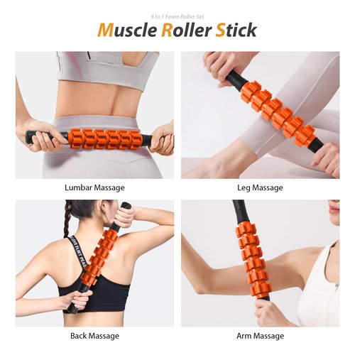 5-in-1 Deep Tissue Foam Roller Set for Muscle Recovery, Yoga & Fitness – High-Density Roller, Massage Stick, Ball, Resistance Band – Portable for Back, Legs