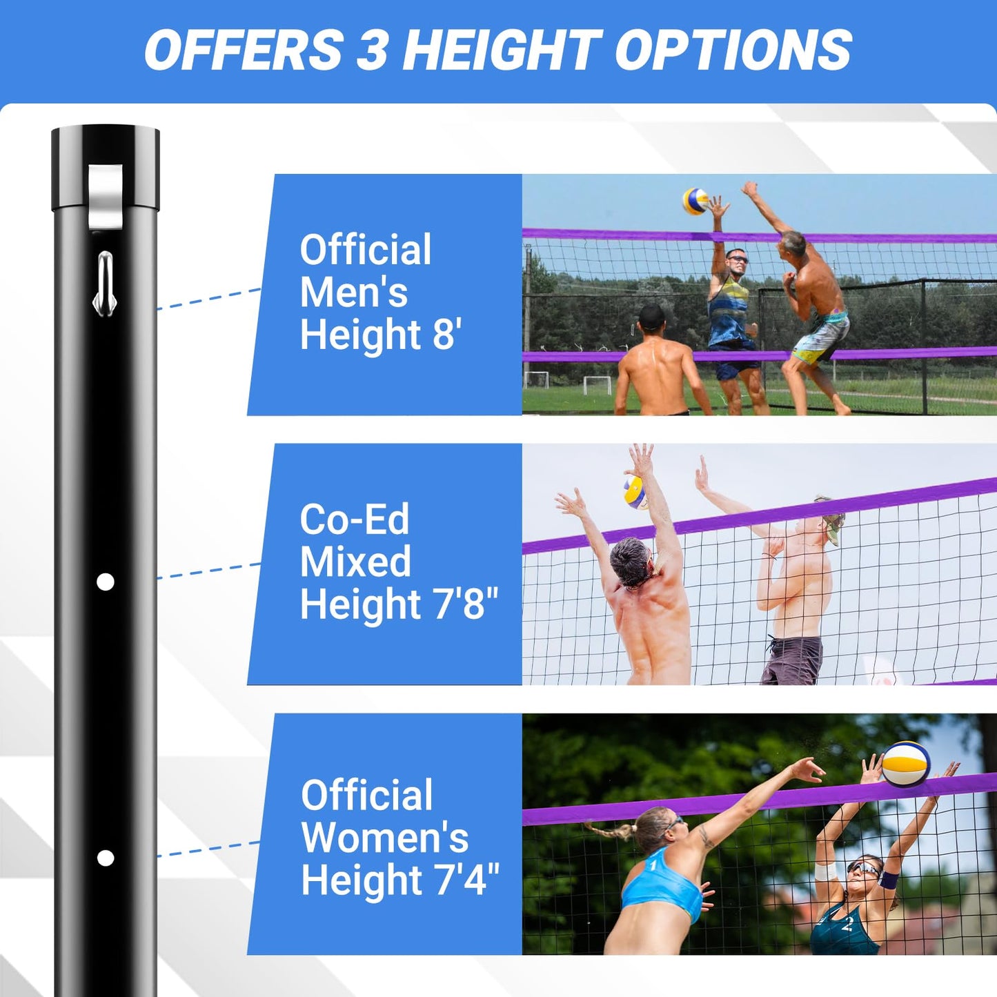 Portable Volleyball Net for Backyard, 32 FT Adjustable Height Blue&Purple