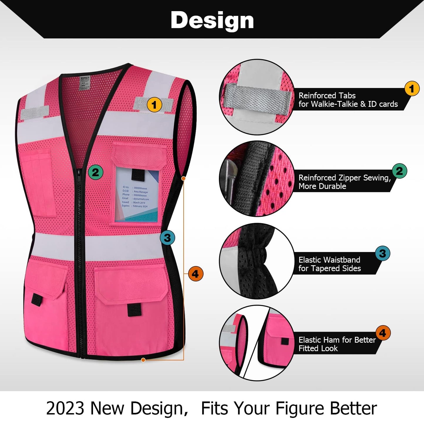 TCCFCCT Women Reflective Vest 11 Pockets High Visibility Mesh Safety Vest for Lady, Neon Construction Work Vest with Zipper, Snug-Fit, Durable with Reinforced Sewing, ANSI Compliant, Pink S
