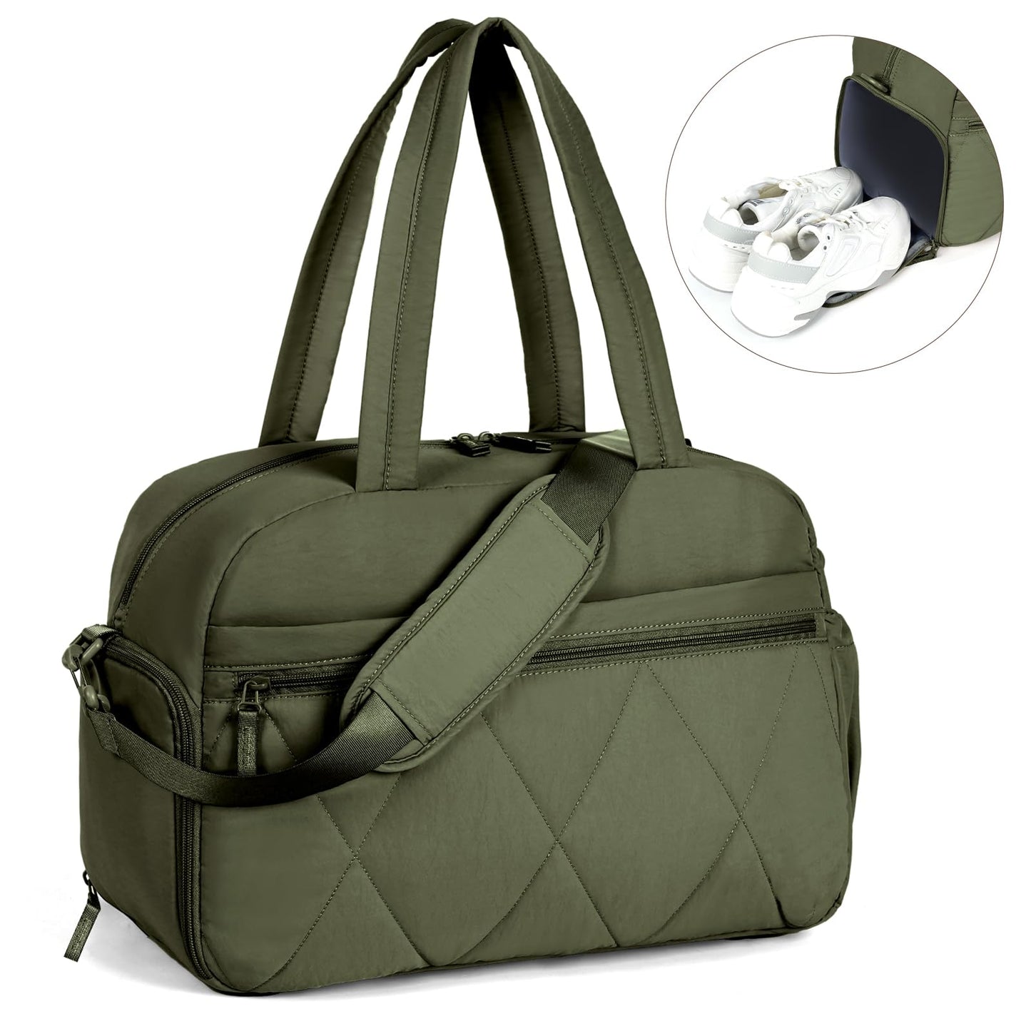 Lekespring Gym Bag for Women, Puffer Travel Duffle Bag With Shoes Compartment & Wet Pocket, Carry On Tote Bag For Weekender, Overnight, Sport duffel bags for traveling (Green, Medium)