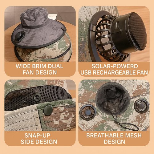 Solar Fan Hat, Hat with Fans Solar Power, Solar Fan Fats for Men, Outdoor Wide Brim Sun Hat with 2 Solar Fan for Outdoor Fishing,Hiking, Beach. Grey