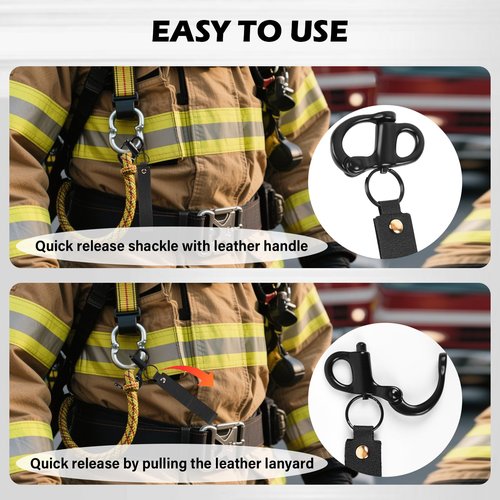 ETZ Quick Release Clip Shackle for SCBA Mask (2 Pack), Firefighter Accessories Tools, Quick Release Snap Shackle, Marine Grade 316 Stainless Steel Shackle for Rigging with Leather Handle (Black)