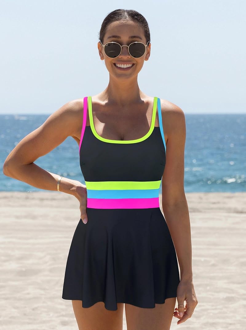 Popvil Women One-P Piece Swim Dress Swimsuit with Tummy Control, Neon Trim, Adjustable Straps, Black & Neon XL