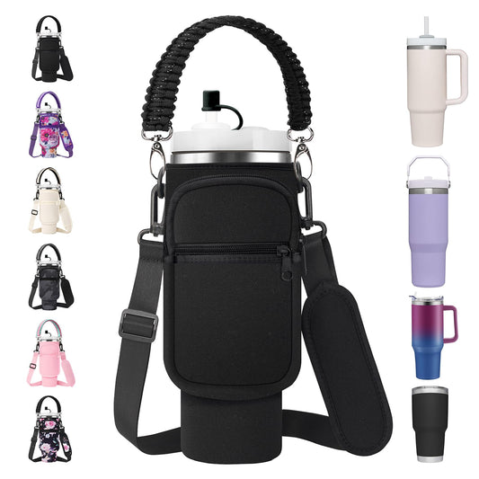 30 oz Stanley Cup Carrier Bag with Paracord Handle, Neoprene Insulated Travel Tumbler Sleeve w/ 2 Pockets & Straw Cover Cap, Stainless Steel Mug Holder Pouch for Stanley Cup Accessories-Black