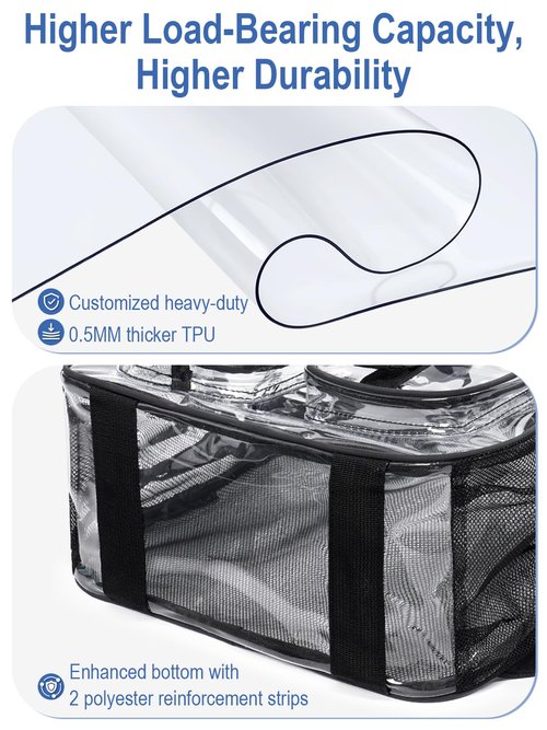 QOECI Heavy Duty Clear Backpack For School, 17 Inch Large Clear Bookbag For Kids Boys Girls Women Men, 360° 3M Reflective Strips See Through Backpack, Multi-Pockets Tranparent Bag, College Work, Black