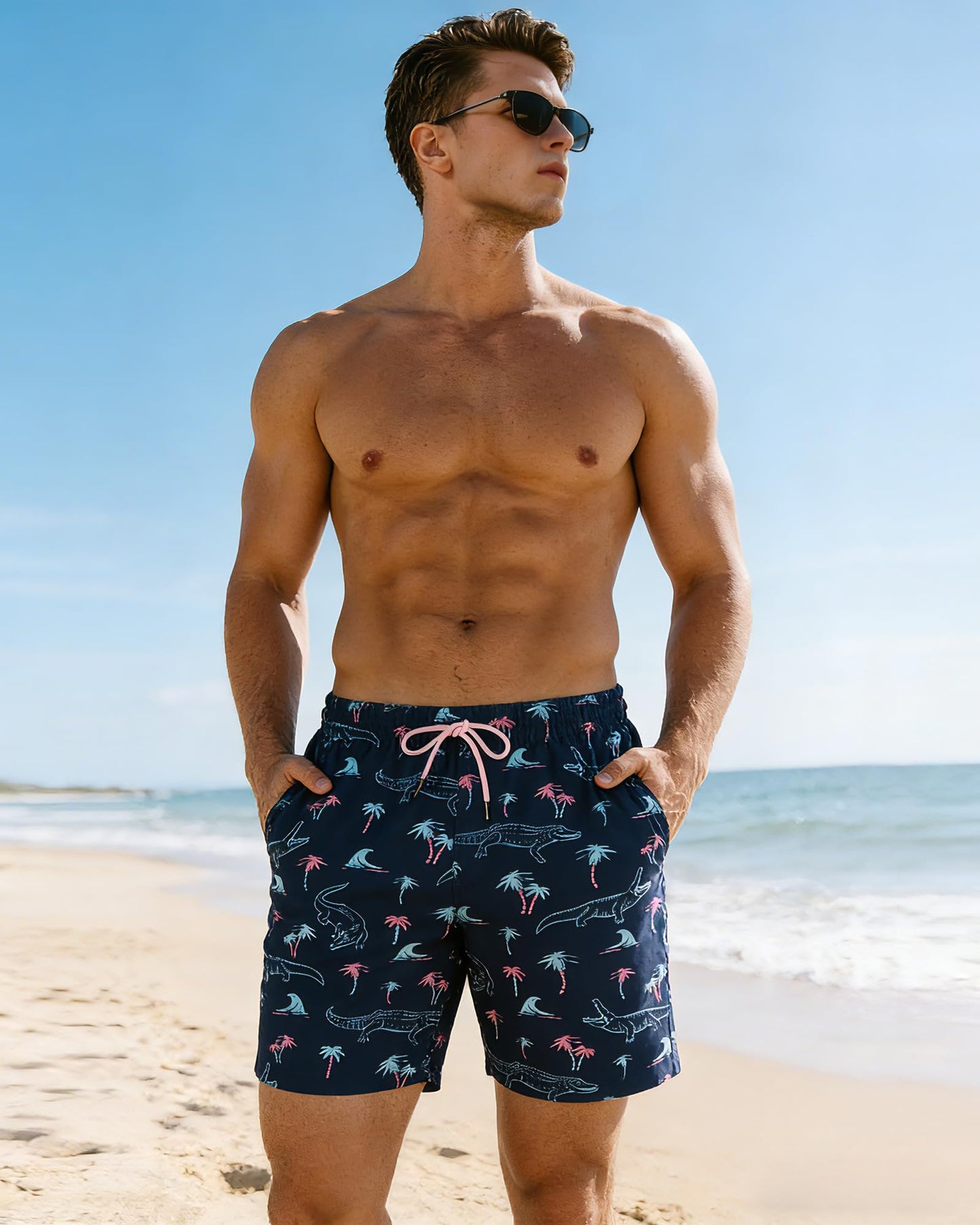SURF CUZ Mens Swim Trunks with Compression Liner Quick Dry Swim Shorts 7" Swimming Trunks Stretch Zipper Pockets,Neon Crocodile,XXL