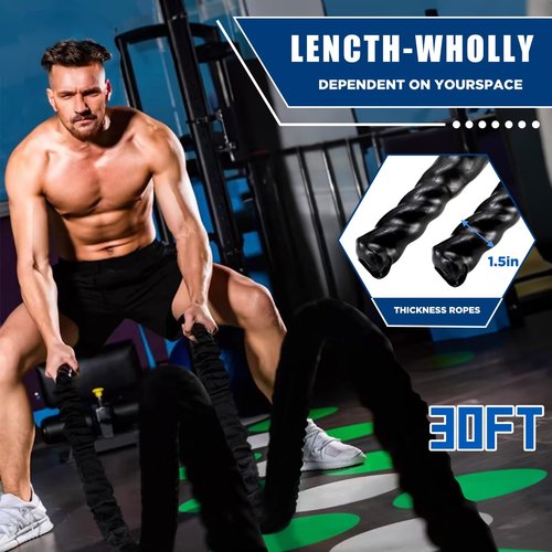Exercise Battle Ropes 1.5 inch 30 ft - Heavy Duty Polyester Workout Ropes for Home Gym, Strength Training, and Fitness Equipment - Black