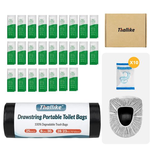 Portable Toilet bags Poo Gel Set, 8 Gallon Drawstring Camping Toilet Bags with Portable Toilet Absorbent Gel and Disposable Toilet Seat,Compostable Thicken Potty Bags for Camping Outdoor Hiking