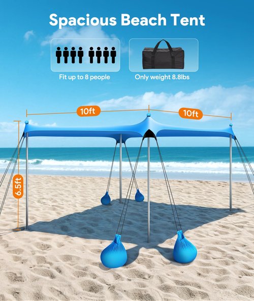 Raynesys Beach Tent Sun Shelter, 10 x 10 FT Beach Canopy Tent Sun Shade, UPF50+ Tents Canopy with 8 Sandbags & 4 Stability Poles, Outdoor Tents for Camping Fishing, Sky Blue