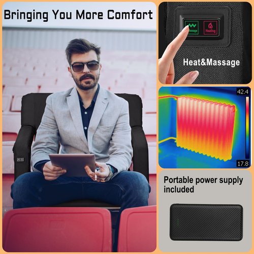 MZQLN Heated Massage Stadium Seats Pack of 2, 25 Inche Folding Bleacher Chair with 10000mAh Portable Power*2, 3 Levels of Heat&Massage, 6 Reclining Positions for Camping, Sports