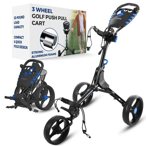 SereneLife Golf Push Pull Cart – Lightweight, Foldable, Bag Holder with Adjustable Handle, Caddy Accessories, Compact Folding Golf Trolley for Travel