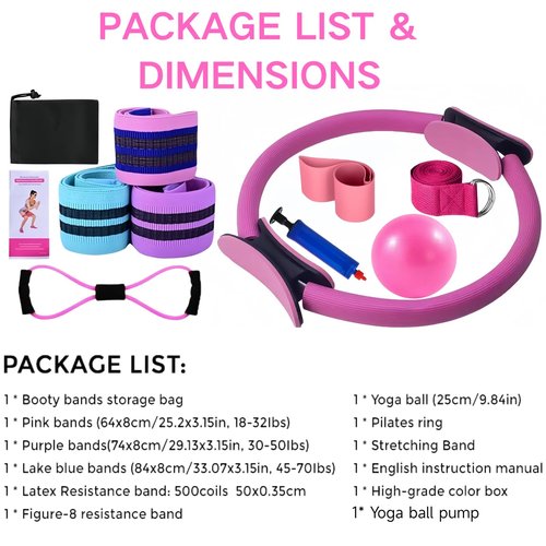 Pilates Essentials Kit for Women, Yoga Sets at Home for Women, Pilates Rings Booty Bands, Hip Exercise Band Yoga Ball 25cm Figure 8 Resistance Band for Stretching