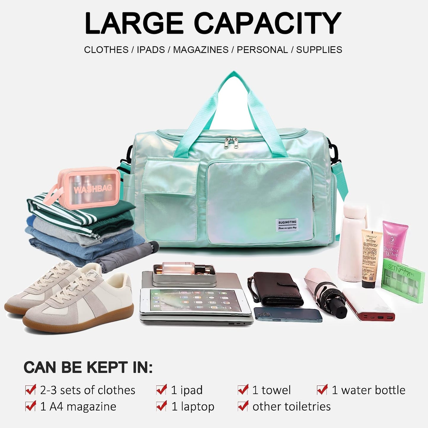 Shimmery Small Gym Bag for Women, Waterproof Travel Duffle Bag Carry On Weekender Bag with Shoe Compartment & Wet Pocket, Gym Tote Bag for Travel, Workout, Sport