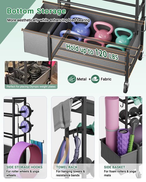FavourLife Adjustable Dumbbell Rack, 4-Tier Movable Weight Rack Stand for Home Gym Up To 405lb with Lockable Caster & Hooks, Home Gym Equipment Storage for Dumbbell Kettlebell Yoga Mat Ball