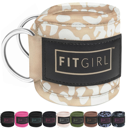 FITGIRL - Ankle Strap (Single) for Cable Machines and Resistance Bands, Work Out Cuff Attachment for Home & Gym, Glute Workouts - Kickbacks, Leg Extensions, Hip Abductors, Women Only (Beige Leopard)