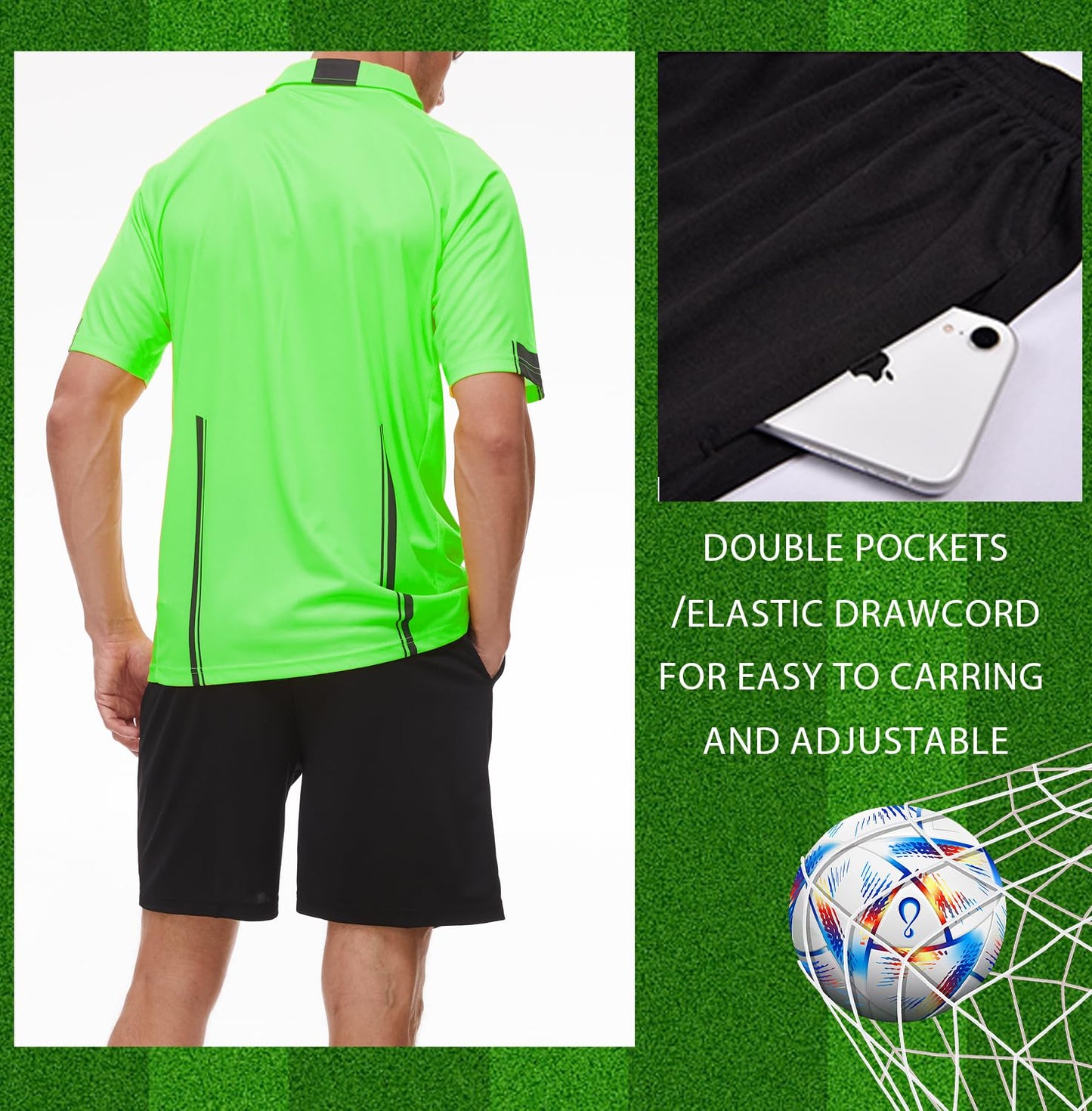 5Pcs Soccer Referee Shirt Jersey Kit Official Short Sleeve Ref Shirts Uniform Halloween Costume for Men & Women Green S