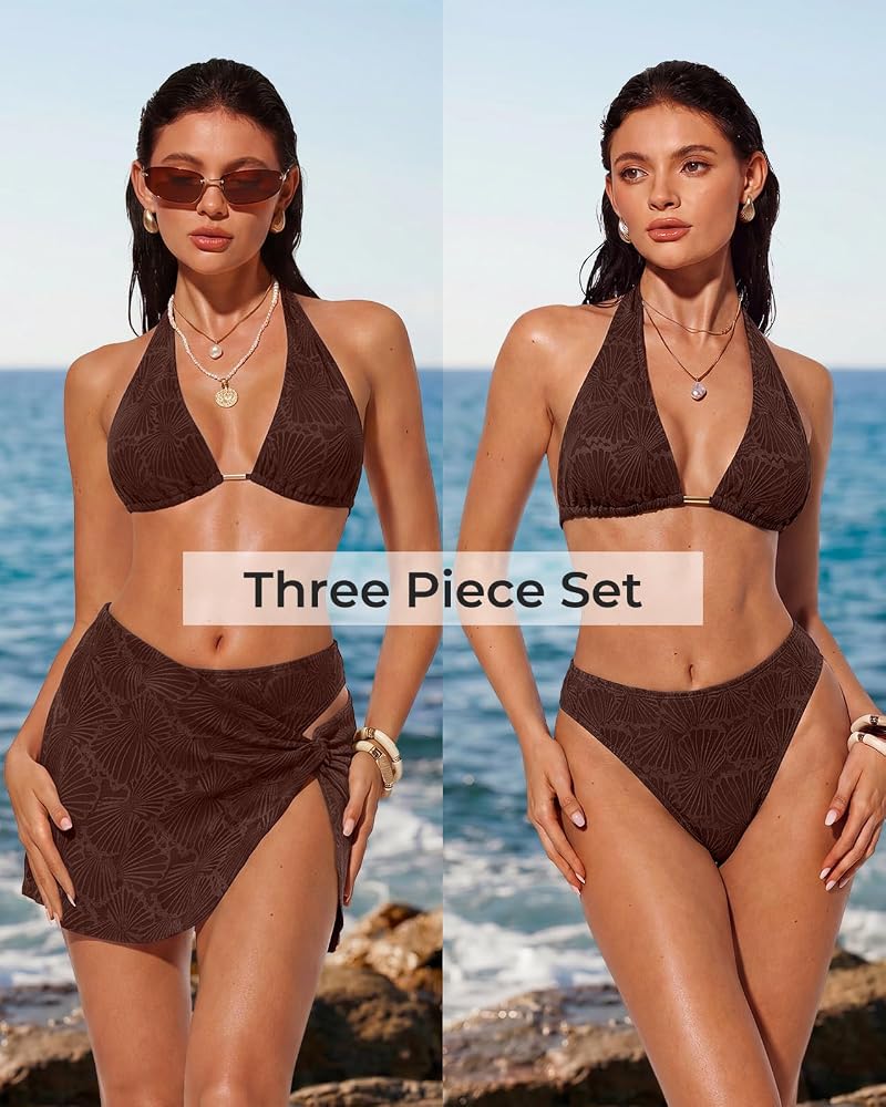 Deep Brown High-Wwaisted 3-Piece Textured Bikini Set with Skirt - Halter Top