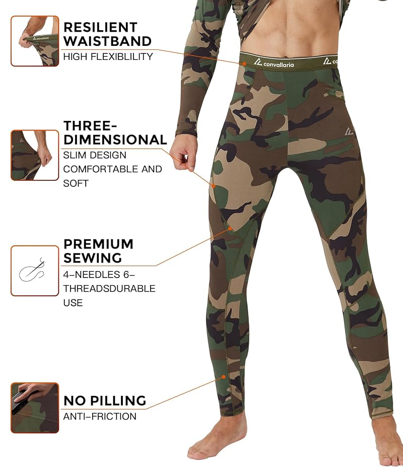 Men's Thermal Base Layer Set - Long Johns, Fleece 95% Polyester 5% Spandex, Camouflage Green, Large