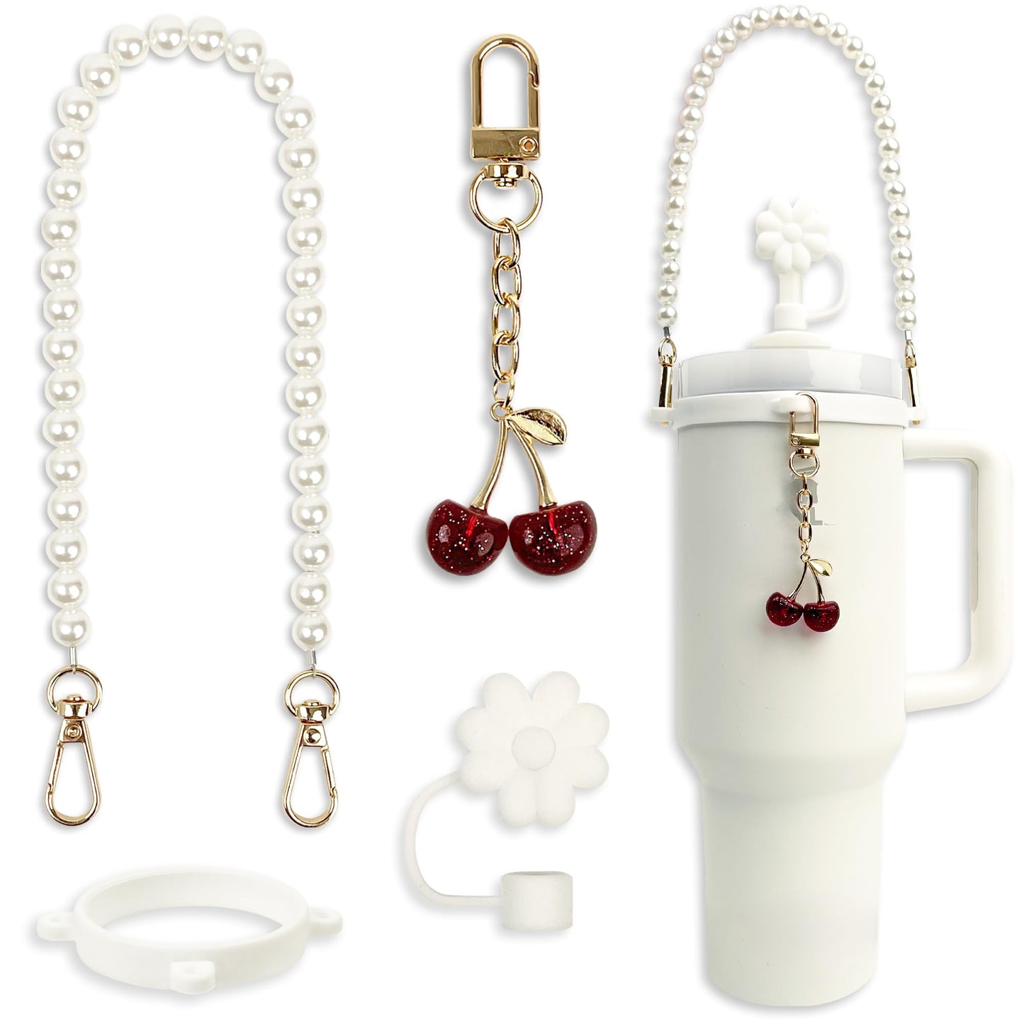 BydGxy Stanley Cup Accessories Set for Stanley 30 oz 40 oz 20 oz mini Tumbler, Includes Straw Cover, Water Bottle Handle Strap, and Cherry Charm, Compatible with Pink & Purple Stanley Cup (White)